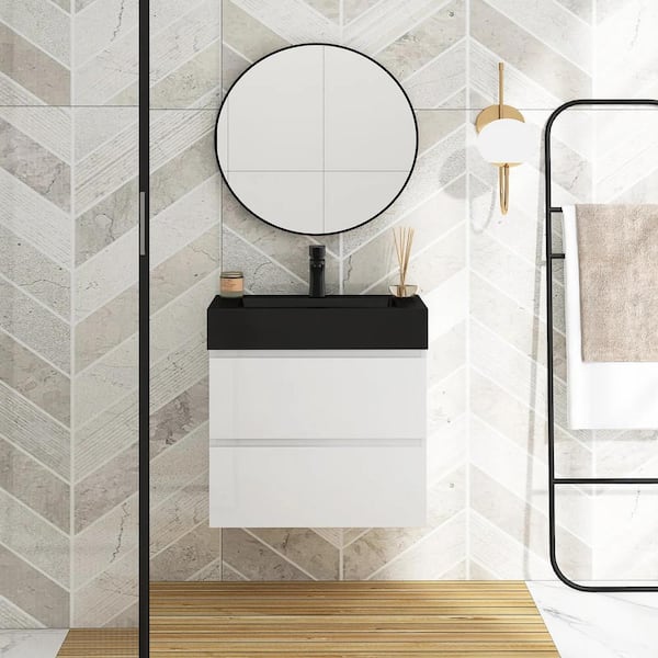 24 in. W x 18 in. D x 25 in. H Single Sink Floating Bath Vanity in White with Matt Black Solid Surface Top