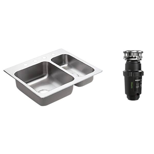 MOEN 2000 Series Drop-in Stainless Steel 25.5 in. 4-Hole Double Basin Kitchen Sink with GX Pro Series 1/2 HP Garbage Disposal