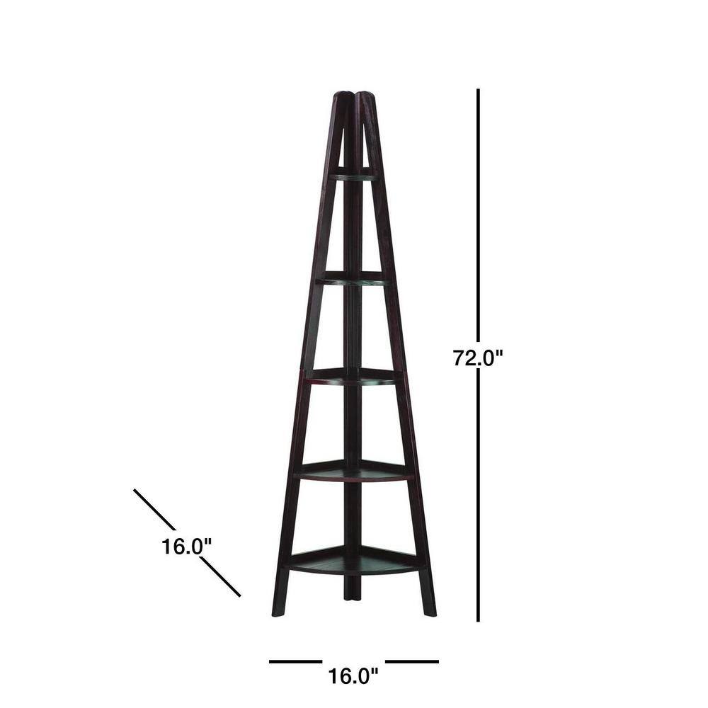 Espresso Solid Wood 5-Tier Corner Ladder Bookcase