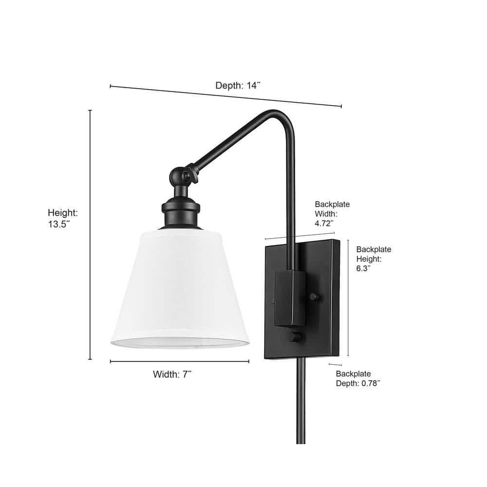 Matte Black Adjustable Swing Arm Wall Sconce with Fabric Shade