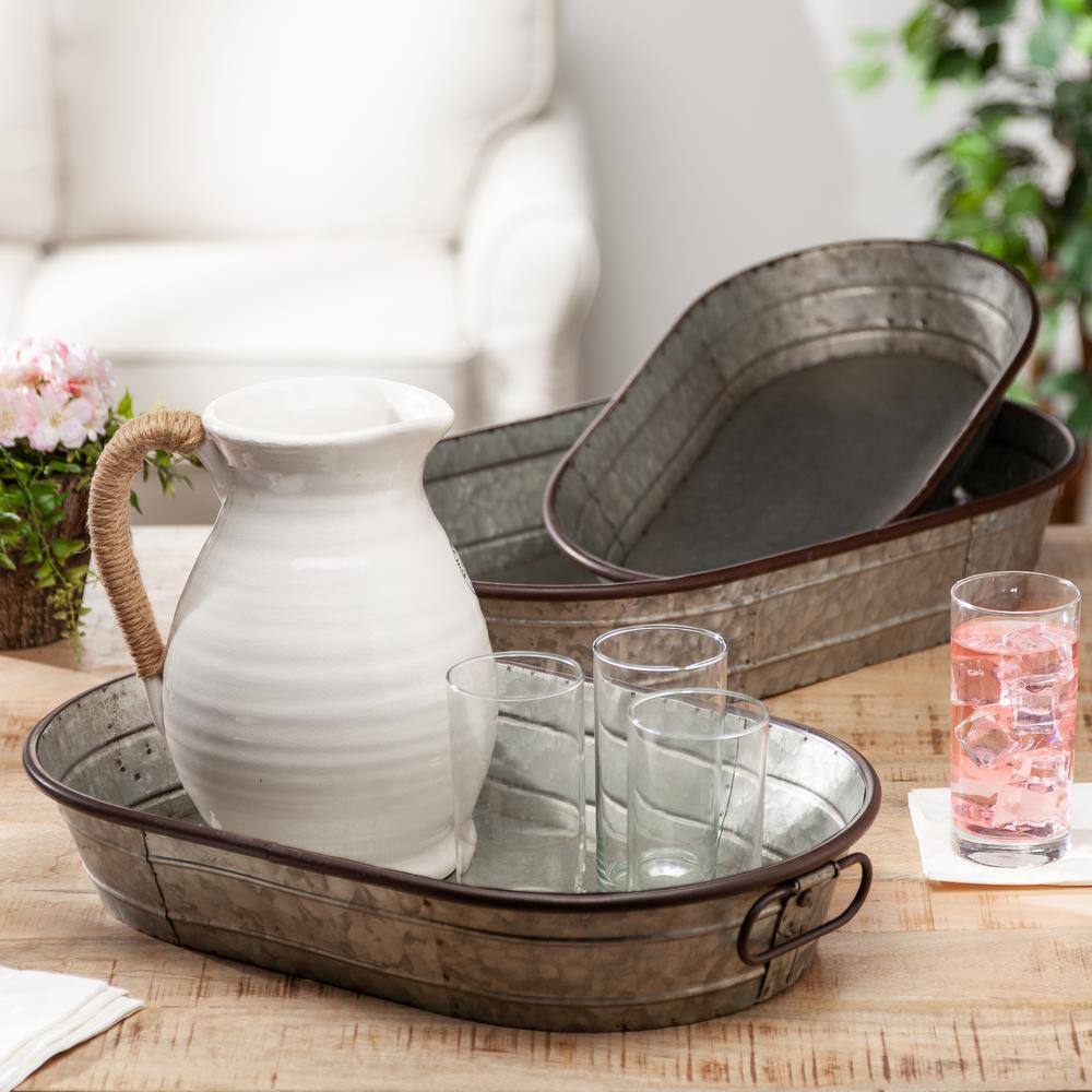 Set of 3 Rustic Gray Galvanized Metal Oval Planter Trays