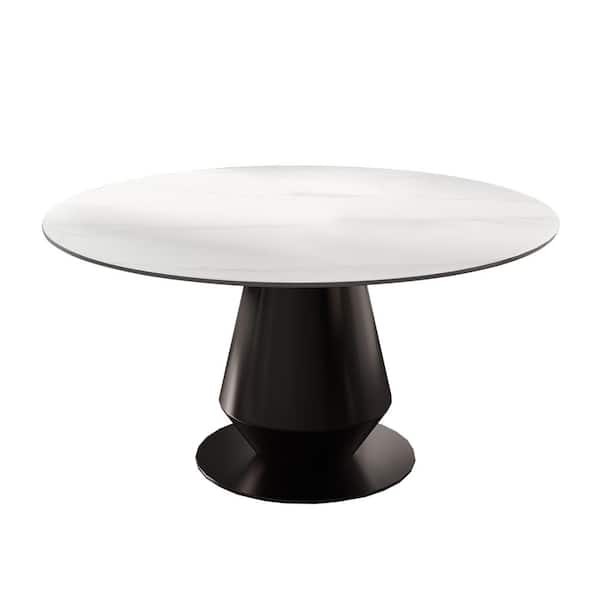 Modern Round White Snow Mountain Stone TableTop 53.15  in. Carbon Steel Beaded Brown Pedestal Base Dining Table(4 Seats)