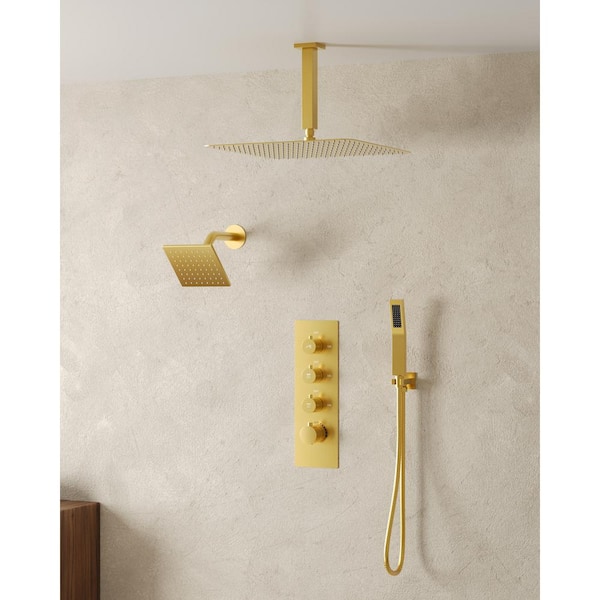 EVERSTEIN 7-Spray 16 and 6 in. Dual Shower Heads Ceiling Mount Fixed and Handheld Shower Head in Brushed Gold (Valve Included)