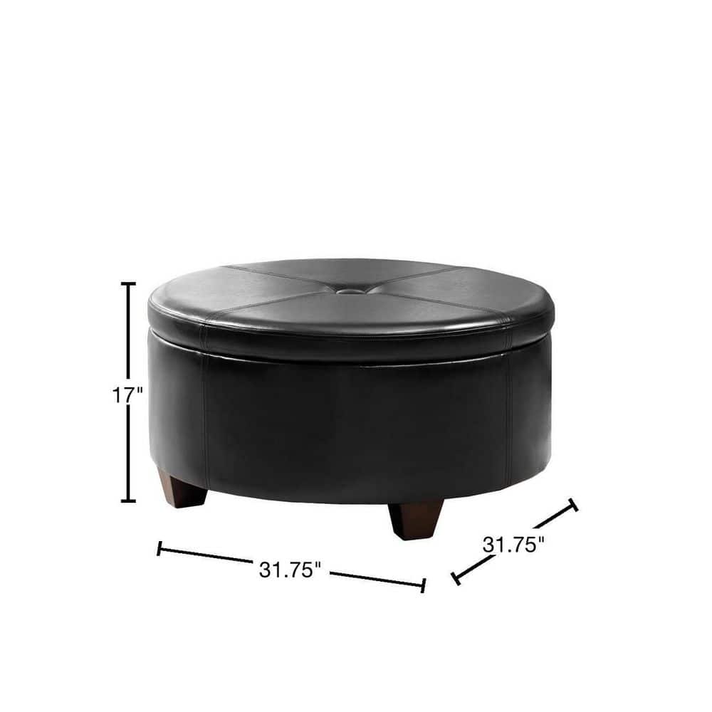 Winston Large Round Tufted Storage Ottoman in Faux Leather Black