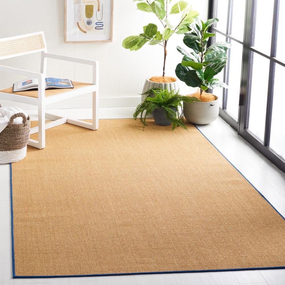 Natural and Navy Hand-Knotted Wool Cotton Silk Rug 4' x 6'