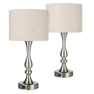 20.7 in. Brushed Nickel Dimmable Touch Control Table Lamp Set with Beige Shade and USB Port (Set of 2)