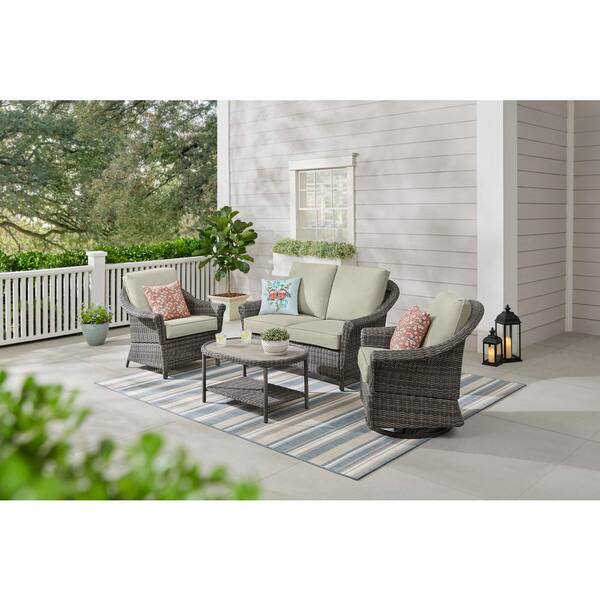 Hampton Bay Chasewood Brown 4-Piece Wicker Patio Conversation Set with CushionGuard Biscuit Cushions