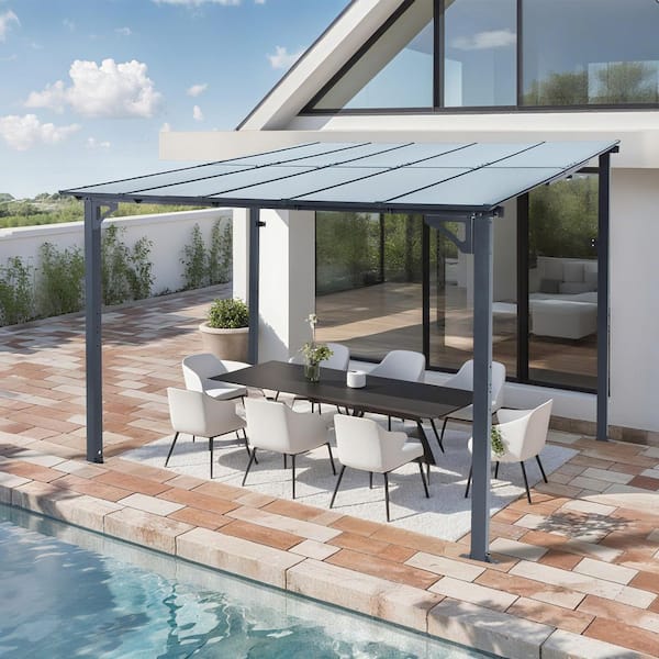 10 ft. x 10 ft. Gray Aluminum Sloped Patio Cover Outdoor Pergola with Polycarbonate Roof Panels and UV Protection