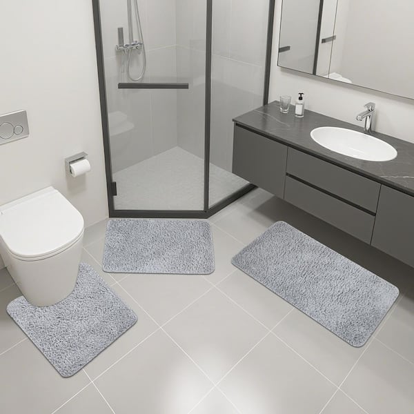 Gray Polyester Bathroom Mats, 3-Pieces Bath Mats Set, Machine Washable and Durable