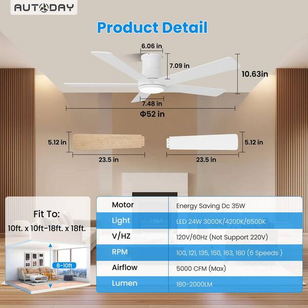 ZXXC 52 in. Indoor/Outdoor White Downrod Mount Ceiling Fan with