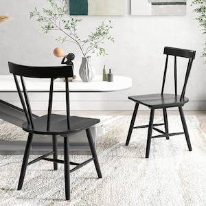 17.5 in. Black High Back Solid Rubber Wood Dining Chairs Set of 2 Windsor Chairs Wood Armless Chairs