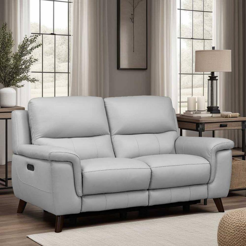 Contemporary Gray Top Grain Leather Power Reclining Loveseat with USB