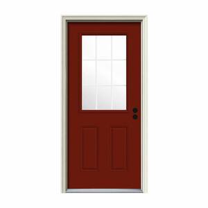 32 in. x 80 in. 9 Lite Mesa Red Painted Steel Prehung Left-Hand Inswing Back Door w/Brickmould