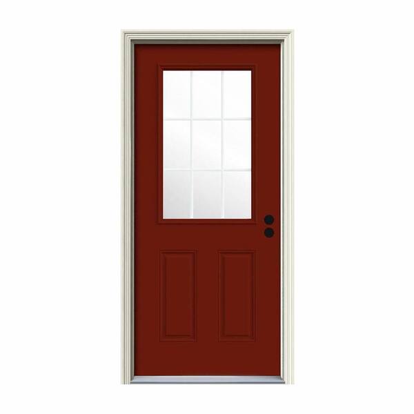 JELD-WEN 32 in. x 80 in. 9 Lite Mesa Red Painted Steel Prehung Left-Hand Inswing Back Door w/Brickmould