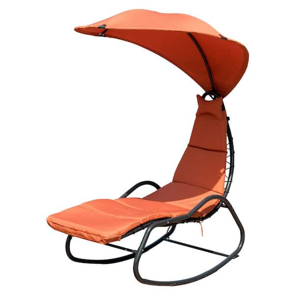 WELLFOR Metal Outdoor Chaise Lounge with Orange Cushions, Removable Headrest and Canopy