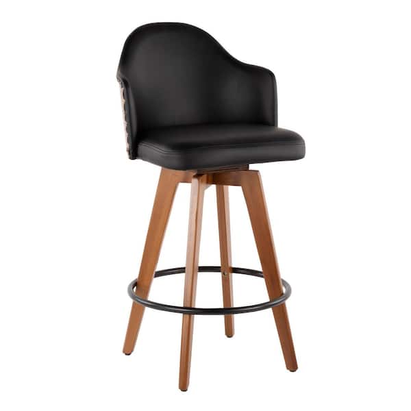 Lumisource Ahoy 26 in. Walnut and Black Faux Leather Counter Stool with Nailhead Trim