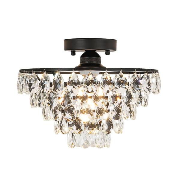 HUOKU Cristal 1-Light 12.6 in.W Matte Black Semi Flush Mount