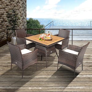 5-Piece Wicker Square 29.5 in. Outdoor Dining Set Patio Conversation Set Table & Armchair with Cushions & Umbrella Hole