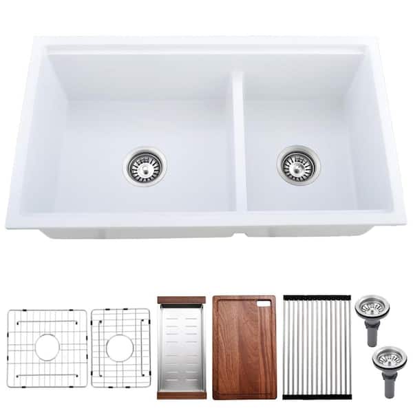 33 in. Undermount Double Bowl White Granite Composite Workstation Sink with Cutting Board and Accessories