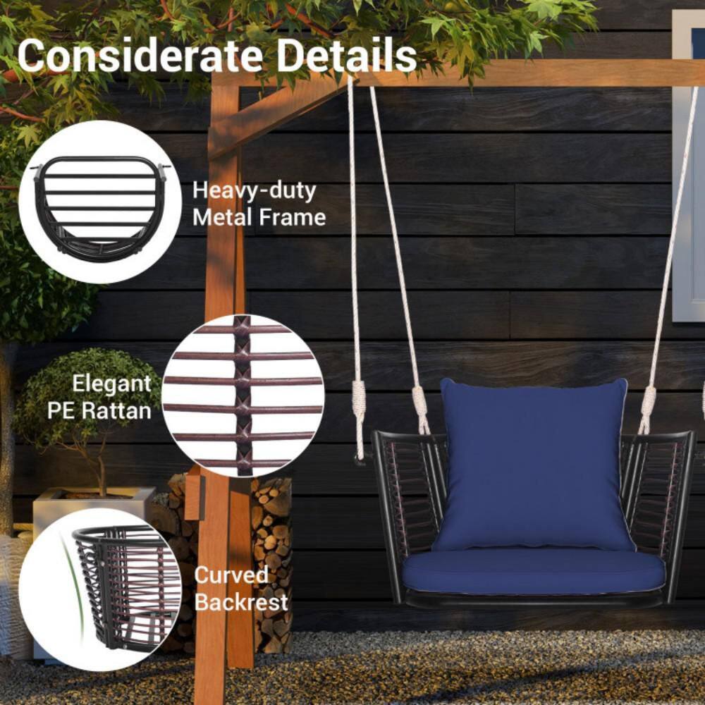 Mix Brown Rattan Hanging Chair with Blue Cushions