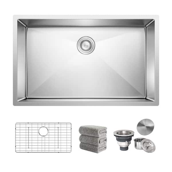 30 in. x 18 in. Undermount Single Bowl 16 Gauge Stainless Steel Sink with Sink, Bottom Grid, Drain Assembly, Towel