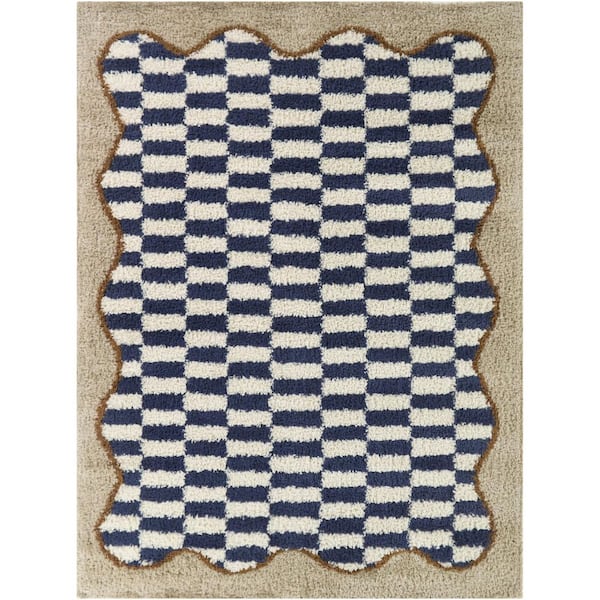 Timandra Navy/Beige 8 ft. x 10 ft. Checkered Scallop Border Area Rug