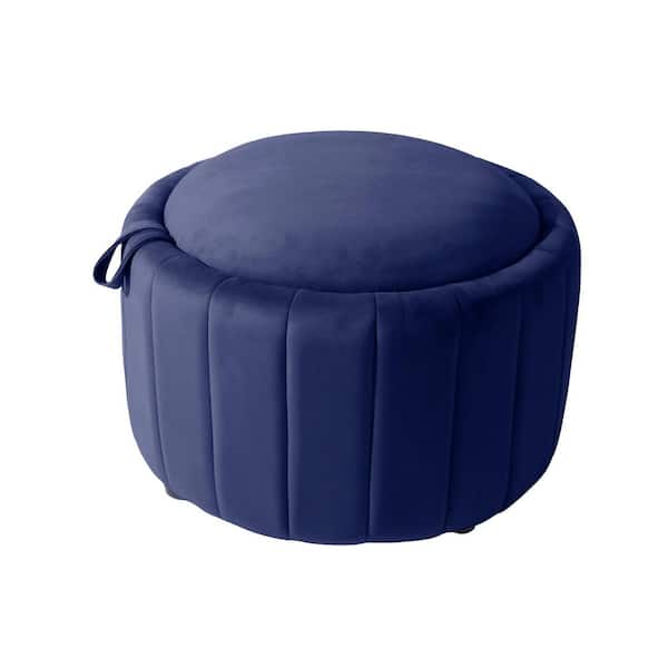 Uixe Modern Blue Velvet Round Accent Storage Ottoman (Set-1)