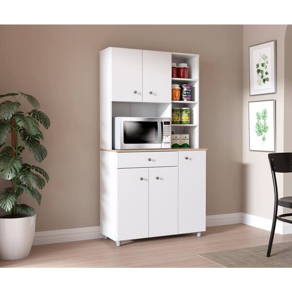 Inval 35.1 in. W x 66.1 in. H x 15.5 in. D Microwave Storage Utility Cabinet in White and Maple with 5 Doors and 10 shelves
