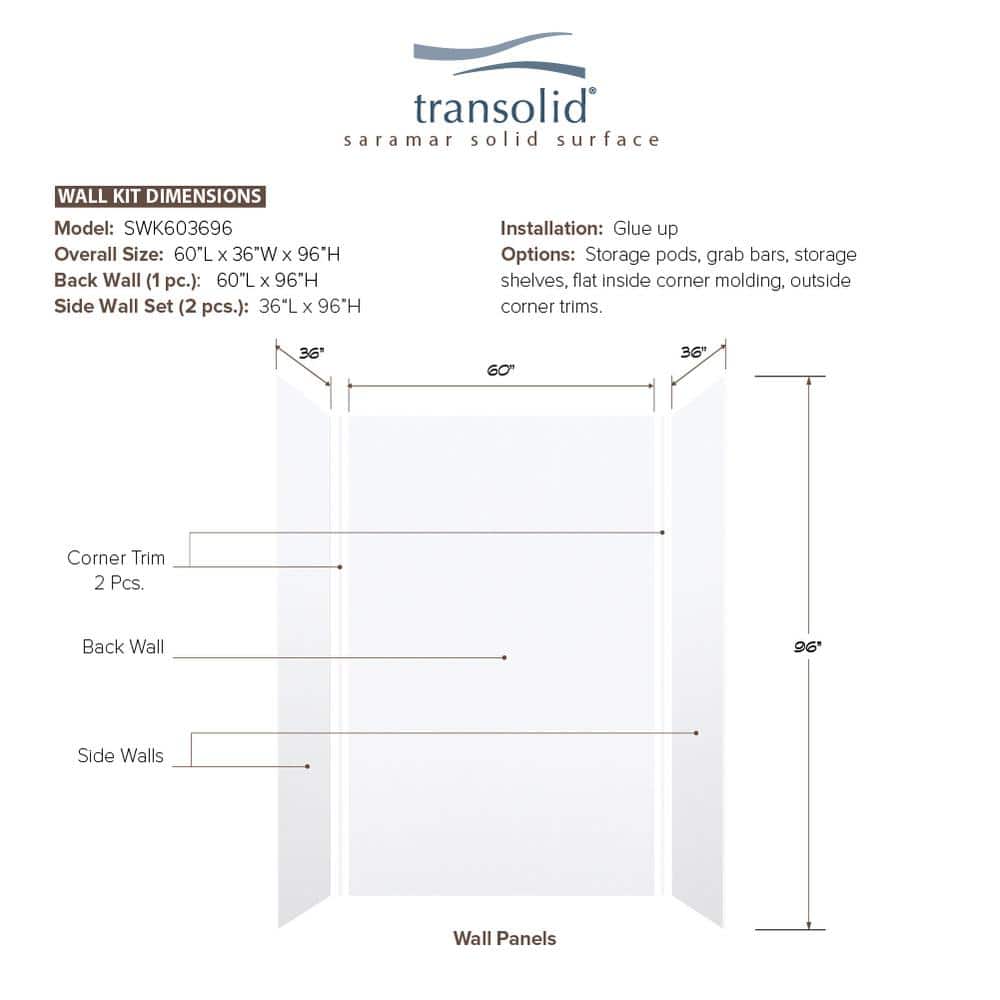 White Velvet 96" x 60" Solid Surface Shower Wall Kit