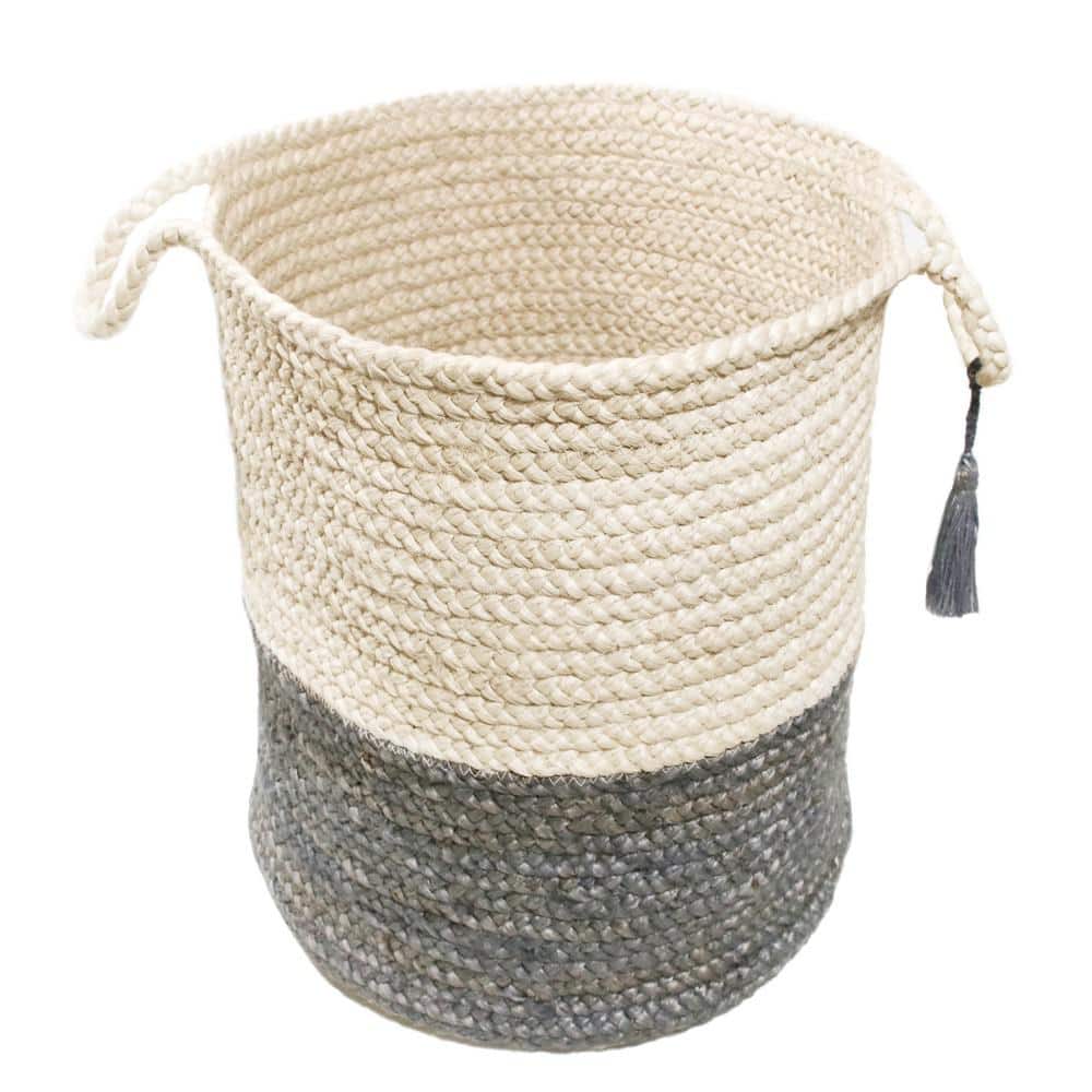 Handmade Round Jute Storage Basket with Gray and White Stripes