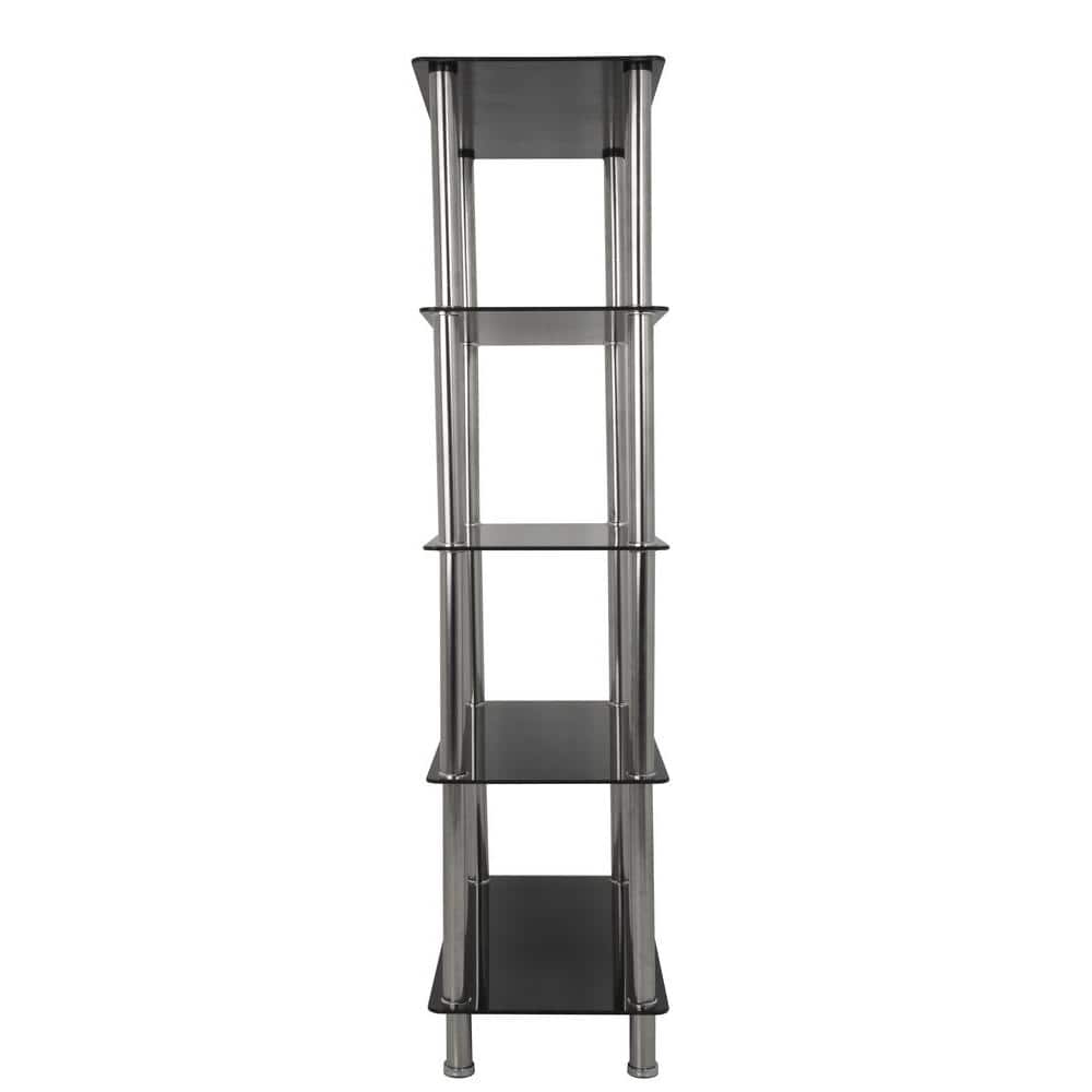 Tall Black Glass and Chrome 5-Tier Shelving Unit