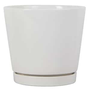 8.1 in. Piedmont Medium White Ceramic Planter (8.1 in. D x 7.6 in. H) with Drainage Hole and Attached Saucer