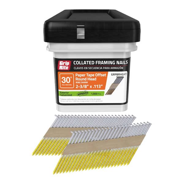 Grip-Rite 2-3/8 in. x 0.113 in. 30° Paper Collated Exterior Galvanized Offset Round Head Ring Shank Framing Nails 1000 per Box