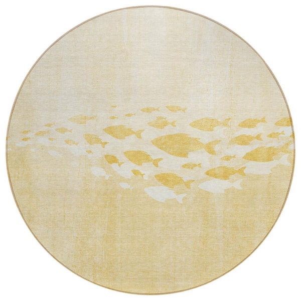Gold, Yellow, Wheat 8 ft. Round Woven Geometric Polyester Round Indoor/Outdoor Area Rug