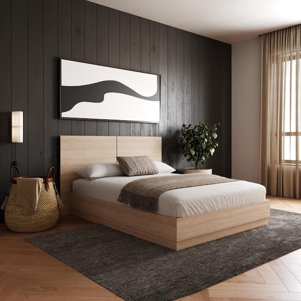 Milano Natural Beige Oak Frame Full Size Platform Bed with Headboard