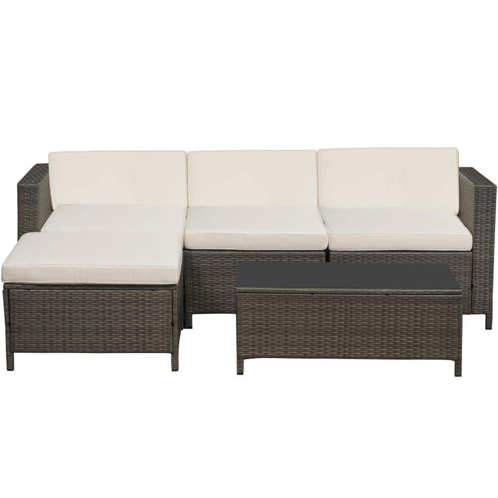 Brown 5-Piece Wicker Outdoor Sectional Sofa Set Patio Furniture Set with Coffee Table and Beige Cushions