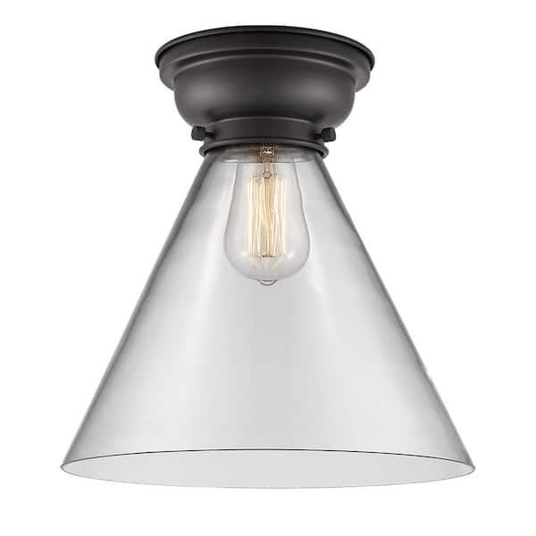 Cone 12 in. 1-Light Matte Black Industrial Flush Mount with Clear Glass Shade