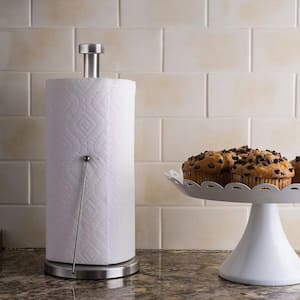 Paper Towel Holder Dispenser Standing with Weighted Base Spring Arm for Kitchen, Bathroom, Bedroom In Stainless Steel