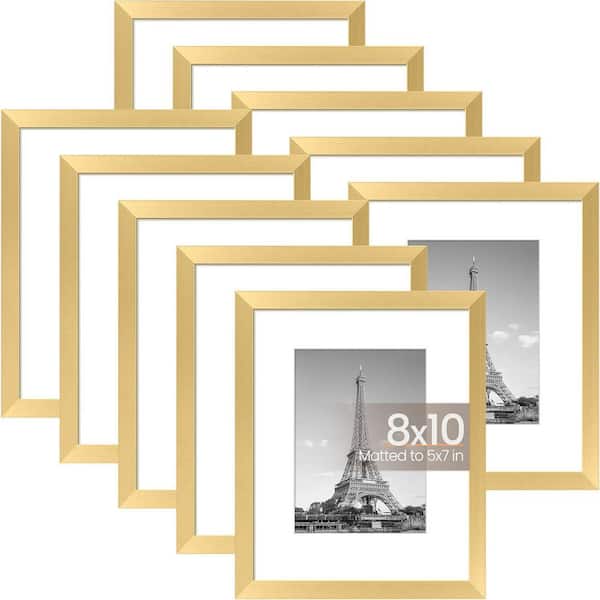 8 x 10 in. Picture Frame Set of 10, Display Pictures 5x7 with Mat or 8x10 Without, Multi Photo Frames Collage, Gold