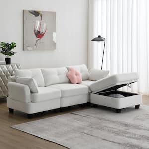 92 in. Flared Arm L-shaped Teddy Velvet Fabric Modern Sectional Sofa in Beige with Charging Ports and Storage Ottoman