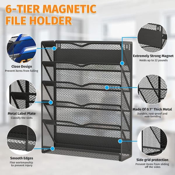 12.6 in. x 4.2 in. 6-Tier Black Metal Wall Magnetic Magazine Rack