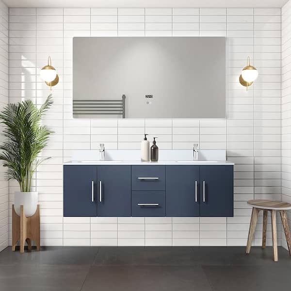 Geneva 60 in. W x 22 in. D Navy Blue Double Bath Vanity, Cultured Marble Top, Faucet Set, and 60 in. LED Mirror