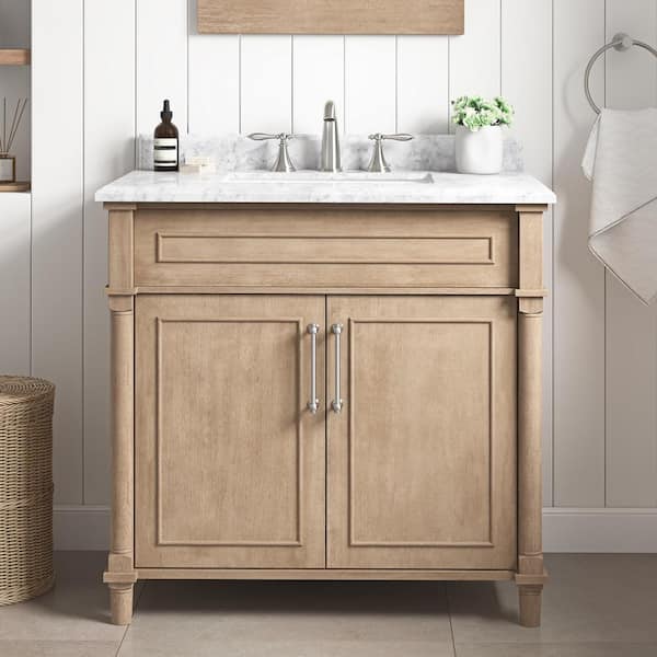 Home Decorators Collection Aberdeen 36 in. Single Sink Freestanding Antique Oak Bath Vanity with Carrara Marble Top (Assembled)