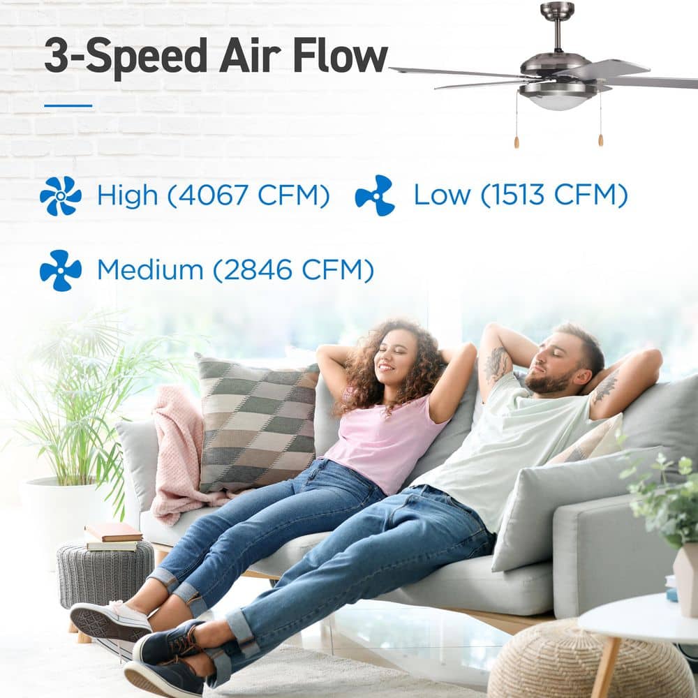 Silver 52" Modern Ceiling Fan with LED Light and 5 Blades