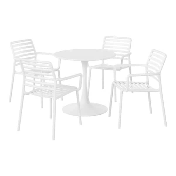 WESTIN OUTDOOR Frond and Form Outdoor Patio Modern 5-Piece Round HDPE Plastic Dining Table Set with Stackable Chairs, White