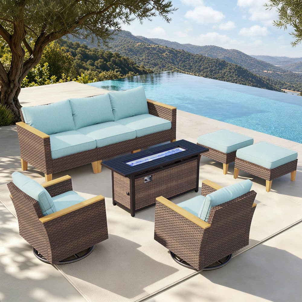 Brown Rattan Wicker 7-Seat 8-Piece Steel Outdoor Fire Pit Patio Set with Blue Cushions,2 Swivel Sofas and 2 Ottomans price history on PriceWatchPro