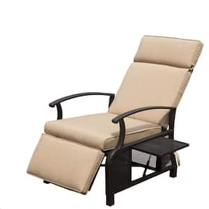 Black Metal Outdoor Recliner Chair Lounge Chair with Beige Removable Cushions and Flip Table Push Back