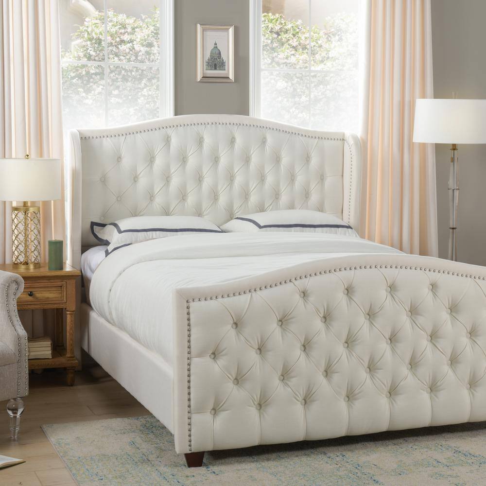 Antique White Tufted Upholstered Queen Bed with Nailhead Trim