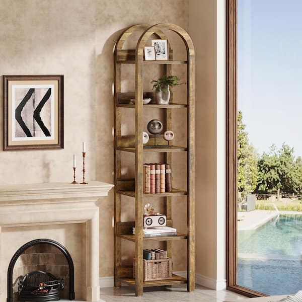 Eulas 71 in. Tall Brown Wood Arched Bookshelf Narrow Skinny Bookshelf with 6-Open Shelves for Home Office, Open Back