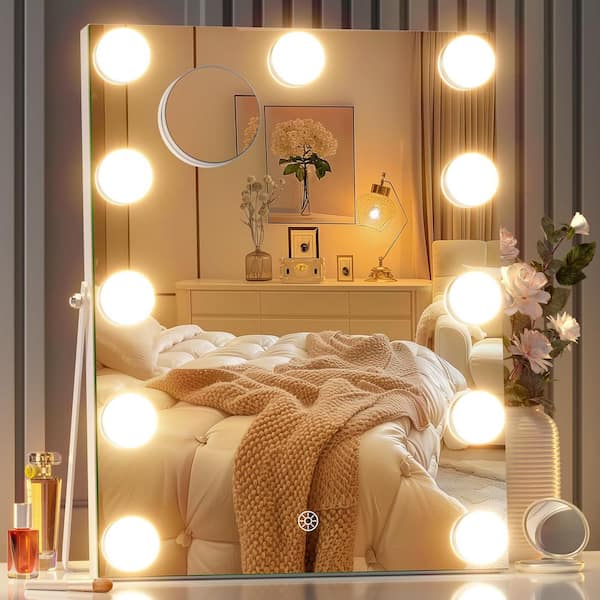 Vosuja White 11 in W x 14 in. H Rectangle Framed Vanity Mirror with Lights Hollywood Makeup Mirror with10X Magnification